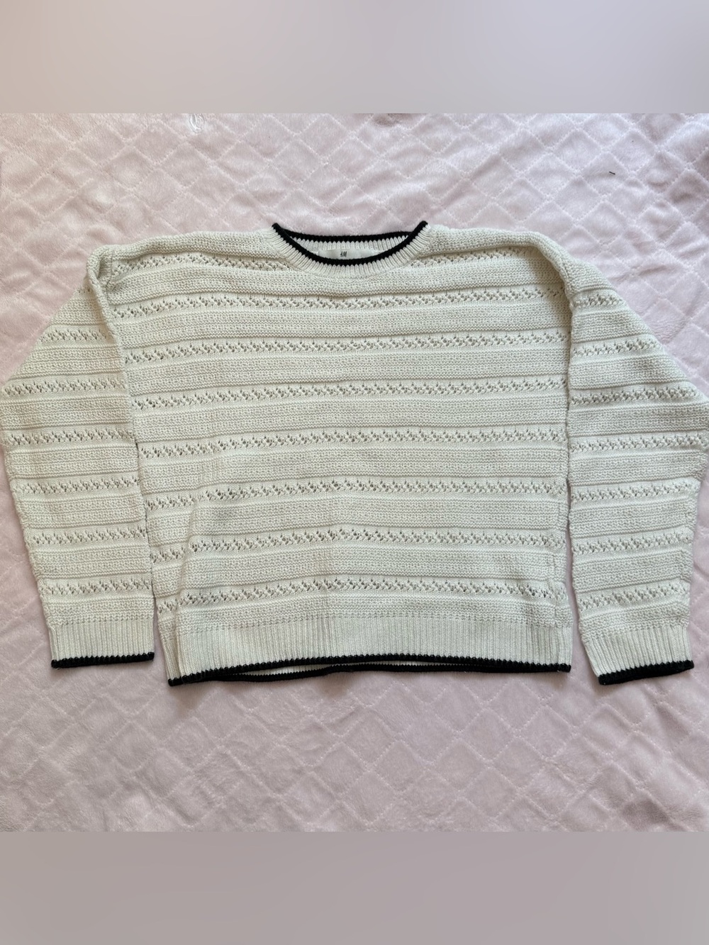 H&M Kids Cream Openwork Stripe Crewneck Sweater Black Trim Size 12 Girl